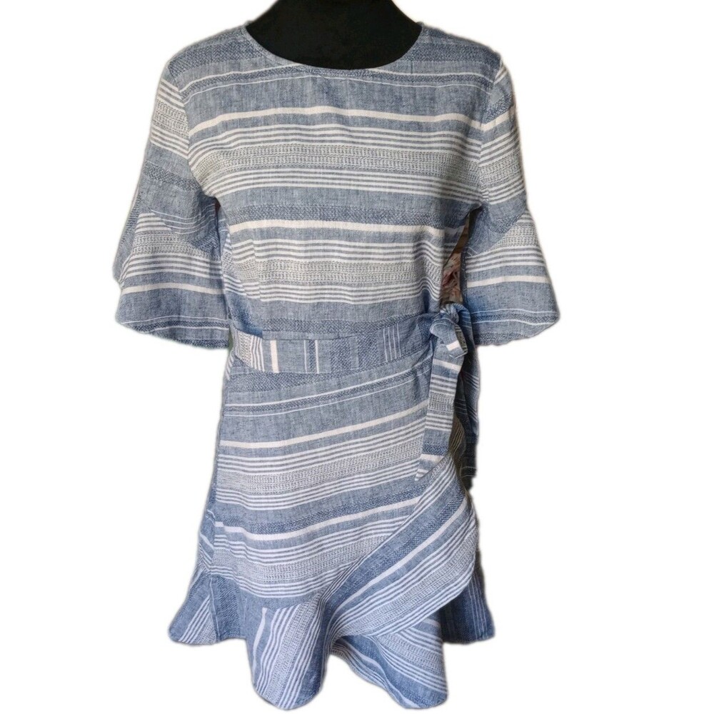 Express Women's SP Blue & White Striped Linen Blend Faux Wrap Mini Dress